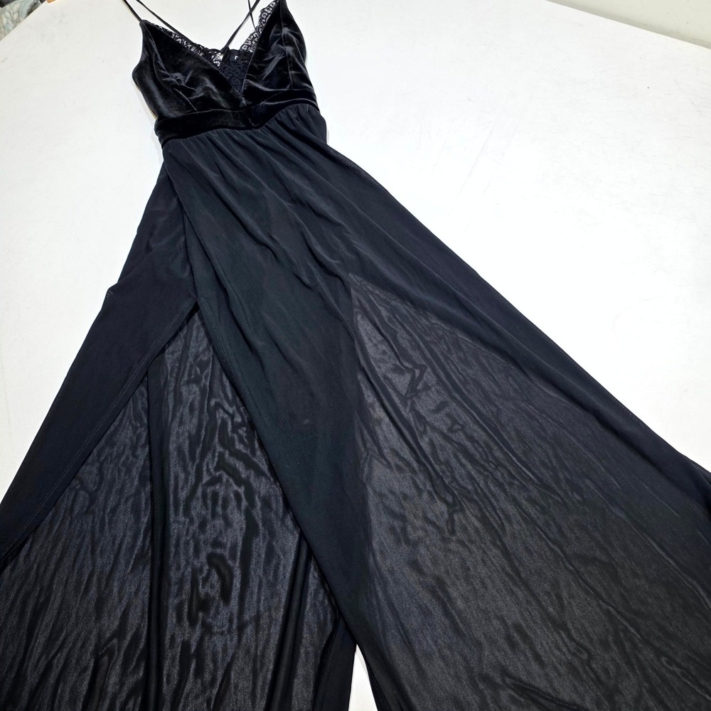 Express Maxi Dress Womens XS Black Velvet Lace Bodysuit Sheer Slit Evening